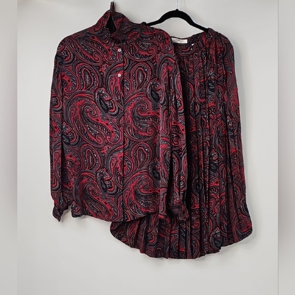 Ellen Tracy Paisley 100%‎ Silk Blouse & Pleated Midi Skirt Set Equestrian Preppy